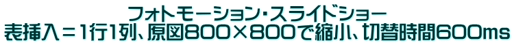 フォトモーション・スライドショー 表挿入＝1行1列、原図800×800で縮小、切替時間600ms